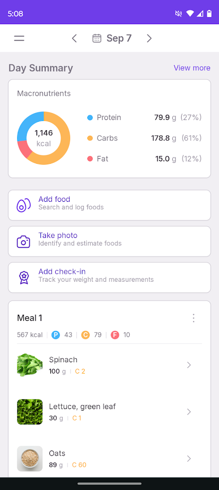 Nutrition diary showing daily meals and macros